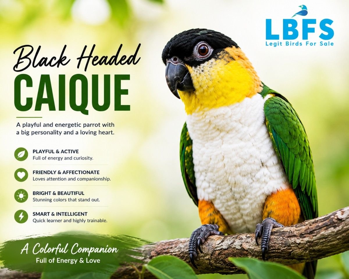 Black-headed caique parrot for sale online, spotlight portrait
